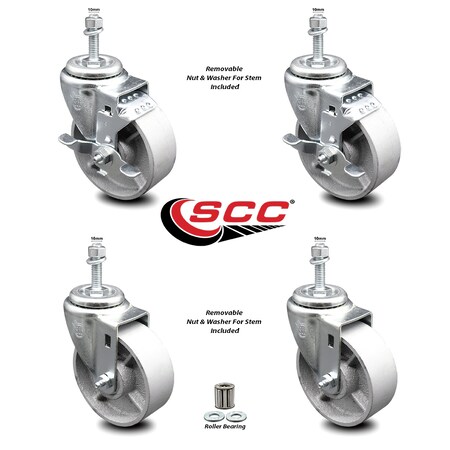 Service Caster Semi Steel Swivel TS Caster w/Roller Bearing-4" Wheel&10MM Stems-2 w/Brake, 4PK SCC-TS20S415-SSR-M1015-2-TLB-2